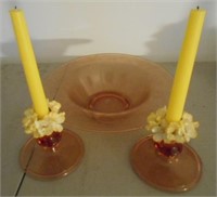 Pink Glass Princess Cut Bowl and 2 Candle Holders