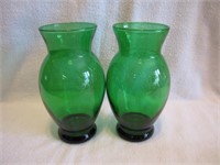 2 Vtg Green Anchor Hocking 6&1/2" Vases