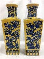Set of 2 Blue + Yellow Asian vases
