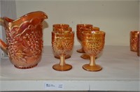 1 Pitcher & 6 Chalice Amber Carnival Glass
