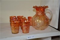 1 Pitcher & 9 Cups Orange Carnival Glass