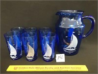 Cobalt Blue Glass Pitcher & 6 Matching Cups by
