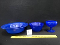 Group Lot of 3 Blue Glass Dishes Small Bowl;