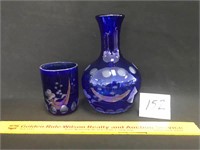 Vintage Cobalt to Clear Glass Carafe w/ Matching