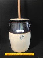 No. 3 Vintage Stoneware Crock w/Dasher & Lid