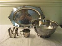 Silver Plate Lot – Monogrammed tray, Bowl, Candle