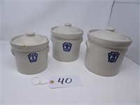 (3) Stoneware Counter Storage Containers With Lids