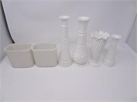 Milk Glass Lot  of (4) Vases, (2) Crucibles