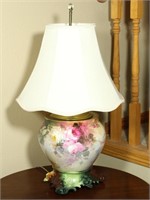 Hand-Painted Roses on Large Porcelain Table Lamp