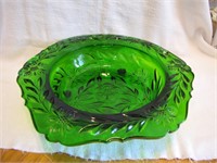 Large HEAVY Footed Ornate Green Glass Bowl 14&1/2"