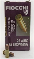 50Rds FIOCCHI 25 AUTO 6.35 BROWNING Cartridges