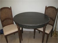 Wood Round 38” diameter Table and 2 wicker back Ch