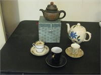 2 Tea Pots & 3 vintage demitas cups and saucers