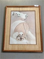 Litho-print of snow covered cats playing.  Wood
