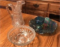 Large Water Pitcher, Serving Bowl, Carnival Glass