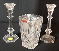 Crystal Vase and (2) Candle Stick Holders