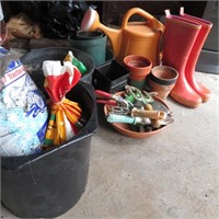 Boots, Plastic Watering Can & Asst Garden Items