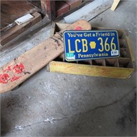 License Plate, Coca-Cola Wood Box & Skateboard