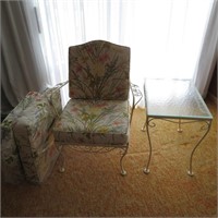 Wrought Iron Chair, Cushions & End Table