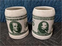 2 Beer Steins with a $100 Bill Print