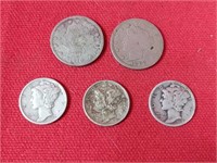 Two Liberty V Nickels & Three Mercury Nickels