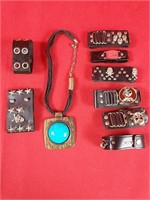 Eight Leather Bracelets & Faux Turquoise Necklace