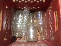 LOT OF 3 EMBOSSED MILK BOTTLES WITH CRATE