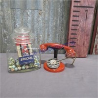 Metal toy phone, glass jar w/marbles