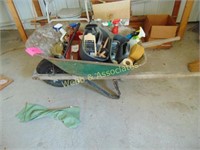 Wheelbarrow and miscellaneous cleaning supplies