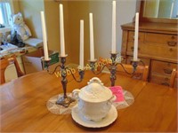 Two silver-plate candelabras and white soup tureen