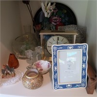 Contents of Shelf-Bulova Clock, Hallmark Frame,