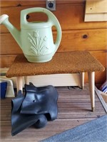rubber boots, stool, watering can, etc