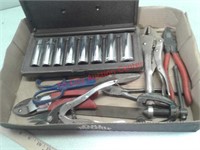 Various tools - vice grips, tin snips, Easco deep