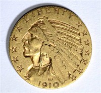 1910-S $5.00 GOLD INDIAN, XF ( WEAK S )