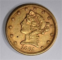 1881 $5.00 LIBERTY GOLD, AU