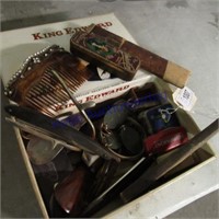 Cigar box, knives, shoehorn,misc