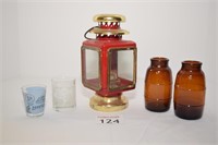 Lantern, Shot Glasses, & Brown Glass Barrels