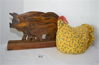 Decorative Wooden Pigs & Fabric Chicken