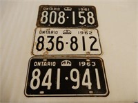 LOT OF 3 ONTARIO 1960'S EMBOSSED LICENSE PLATES