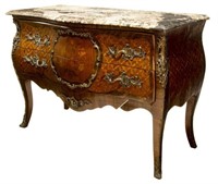 FRENCH LOUIS XV STYLE MARQUETRY BOMBE COMMODE