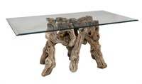 NATURAL CYPRESS BASE GLASS TOP DINING TABLE