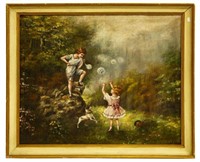 FRAMED OIL ON CANVAS PAINTING OF CHILDREN PLAYING