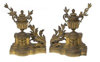 (PAIR) FRENCH PATINATED METAL URN CHENETS ANDIRONS