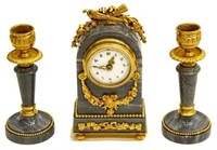 (3) PETITE FRENCH LOUIS XVI STYLE MANTEL CLOCK SET