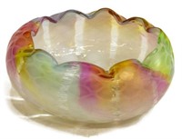 VICTORIAN QUILTED RAINBOW SATIN GLASS ROSE BOWL
