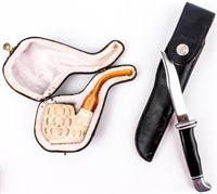 Vintage Meerschaum Pipe & Buck Knife