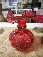 fenton cranberry ruffled beaded vase estate item