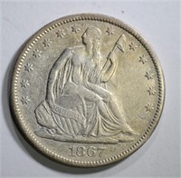 1867-S SEATED HALF DOLLAR, XF/AU