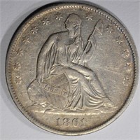 1861-O SEATED HALF DOLLAR, XF/AU KEY DATE!