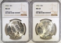 2- 1923 PEACE SILVER DOLLARS NGC MS64